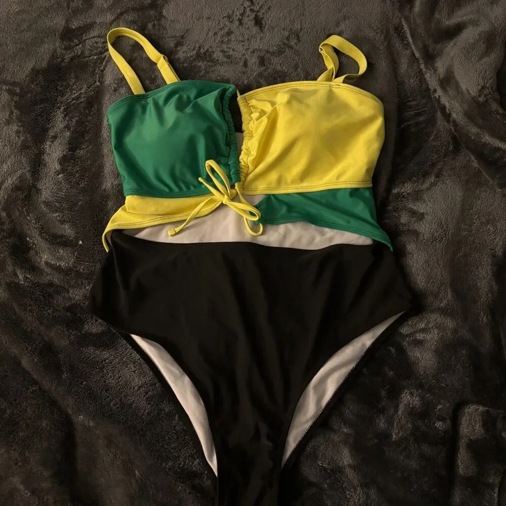 Women's Colorblock One Piece Swimsuit 1XL Green Yellow Black Ruched Tie Front
